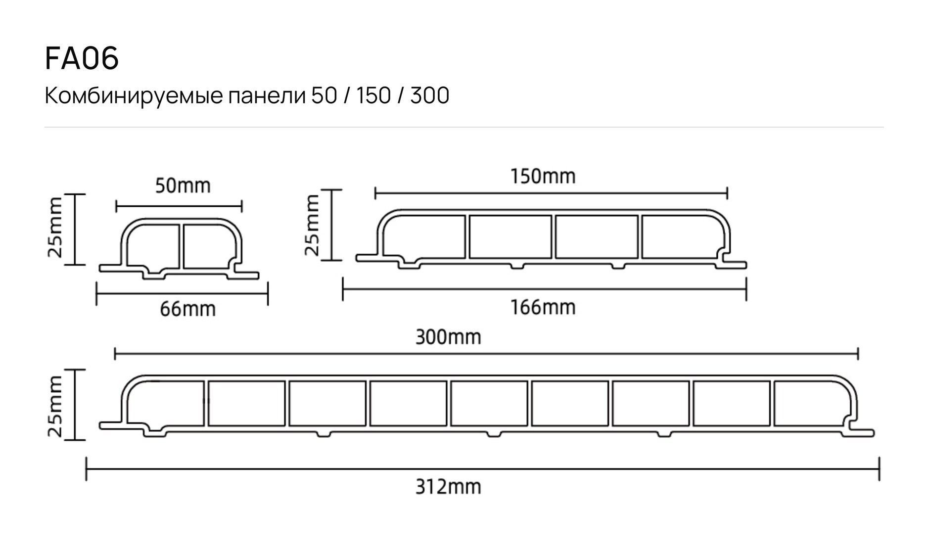 Комбинируемые панели 50 / 150 / 300 F_FA06: чертёж сечения с размерами