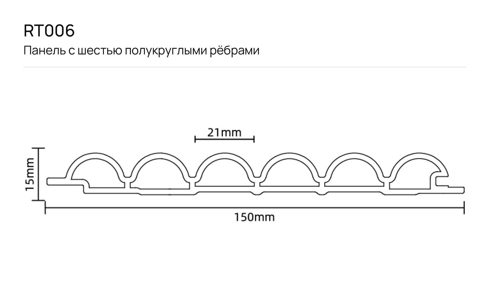 Панель с шестью полукруглыми рёбрами F_RT006: чертёж сечения с размерами